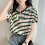 Fresh Green Striped T-Shirt Women's Summer Short-Sleeve 2026 New Loose Round Collar Sympathizes With Niche Clothes