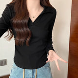 Korean Polo Collar Long-Sleeved Mask T-Shirt Women's Autumn And Winter New Design Feeling Folded Waist Unique Special To The Bottom Shirt