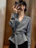Vintage V-Neck Knitted With Belt Sweater Women's Autumn/Winter 2025 New Loose Lazy Inside The Bottom Shirt Top