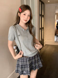 Grey Polo Collar Short-Sleeved T-Shirt Blouse Summer 2026 New Bow Design Knitted Shirt