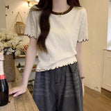 Apricot Round-Neck Wooden Ear Short-Sleeved T-Shirt Women's Summer Short Design Sense Niche European T-Shirt
