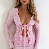 Dili 2025 Spring/Summer Y2K Sexy Hollow See-Through Cardigan With Lace Long-Sleeved Top Women's Clothing