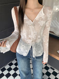 White Bow Tie V-Neck Long Sleeve With T-Shirt Women 2026 Autumn New Wooden Ear Bottom Shirt Top