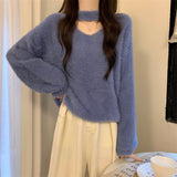 White Hanging Neck Horse Hair Sweater Women Autumn And Winter V Collar With Knitted Bottom Shirt Soft Porridge Velvet High-End Top
