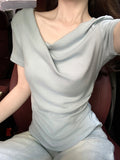 Gentle Folds Irregularly Collar Shoulder Short-Sleeved T-Shirt 2026 Summer New Small Design Top