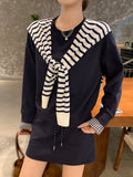 Tibetan Blue Design Sense Retro Splicing Long-Sleeved Shawl Women 2026 Autumn New With Striped Shawl Set