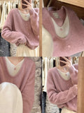 Design Fake Two Pink Knitted Women Autumn Vintage Sweet Lazy Wind Inside Sweater High-End Blouse