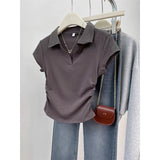 Design Feel Waist Polo Collar Front Shoulder Short-Sleeved Women's Top Summer Hottie V Collar Slimy T-Shirt