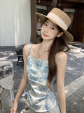 2026 Summer Ootd Design Feels Beautiful Blue Flowers Sexy Smear Sling Sling Vest Female Bare Back Repair Small Top