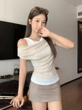Pure Desire To Collar A Word Off-The-Shoulder Fake Two Lace Spliced Short-Sleeved T-Shirts For The Summer New Folds On The Body