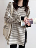 Pure Cotton Striped T-Shirt Women's Bottoming Shirt Korean Version Of The Large-Size Loose Open-Fork Niche Long-Sleeved Top Spring And Autumn Tide