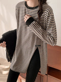 Pure Cotton Large Striped Long-Sleeved T-Shirt Women's Bottoming Shirt In Autumn And Winter With A Long Blouse Loose Belly Cover