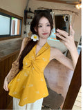 Design Sense Tucked Solid Color Sleeveless Hanging Neck Sling Vest Women Summer Seaside Waist Unique Temperament Outside The Coat