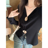 Spice Girls Black V-Neck Button Open Fork Design Long-Sleeved T-Shirt Women Autumn Pure Desire To Tie Irregular Beauty Top