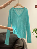 Blue V-Neck Hollow Long-Sleeved Knitted Shirt Women 2026 Thin Slime Shirt Inside The Bottom Shirt
