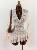 New Women's Vintage Babes Hollow Lace V-Neck Waist Thin Perspective Holiday Dress