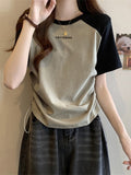 Vintage Shoulder-Sleeved T-Shirt Women's New Summer Design Small Drawstring Thin Cotton T-Shirt