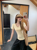 Yellow Simple Casual C Chic V-Neck Short-Sleeved Woman 2026 Summer New Fashion Age Reduction Front Shoulder T-Shirt Korean Top
