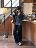 Gray Lazy Wind Folds And Shoulders Collar Loose Solid Long-Sleeved T-Shirt New Korean Version Of Autumn Women's Top