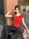 2026 Summer Super Beautiful A Beautiful Word Love Bow Red Short-Sleeved T-Shirt Girl Slime Top