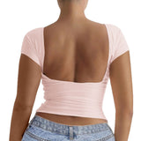Kaiku 2025 Spring And Summer Pure Color Round Collar Leakage Back Short Sleeve Sexy Body Y2K Top T-Shirt Women's Clothing