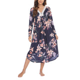 Winter Lady Pyjamas Imitation Cotton Print Lace Splicing V Collar Long Sleeve Long Skirt Home Dress Pyjamas Female