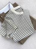 Pure Cotton Waffle Striped Short-Sleeved T-Shirts For Women's Niche Design Round-Neck Korean Loose Basics Of Absley Top