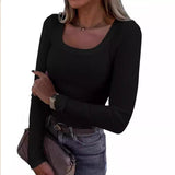2026 New Burst Threaded Pit Strips Long-Sleeved Sexy U-Neck Casual Women's T-Shirt