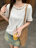 Korean Chic Nail Bead Design Sense Niche Shoulder Short Sleeve Round-Neck T-Shirt Beautiful New Unique Top