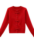 New Year Red Bow Design Chic Round Knitted Shirt Fashion Autumn And Winter Long-Sleeved Commuting Temperament Year Top