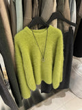 High-Grade Green Marinade Velvet Round Collar Sweater Women Autumn And Winter Soft Glutinous Milk Fufu Outside Wearing Horse Sea Hair Top Thick