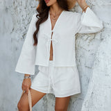 Dili 2025 Spring/Summer Leisure Holiday Wind Solid Colored Cardigan Shirt Shorts Suit Women's Suit