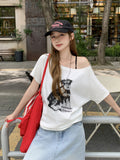 Lazy-Style Puppy Print Design With A Slanted Short-Sleeved T-Shirt For Women's Summer Ootd Beautiful Casual Shoulder Blouse