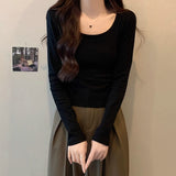 Vintage Low-Neck Shoulder Long-Sleeved T-Shirt Women Early Autumn New Design High Waist Display Thin Short Inside The Bottom Top