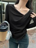 Coffee Color Korean Slanted Shoulder Collar Long-Sleeved T-Shirt 2026 Autumn Bottom Folded Thin Inside Top