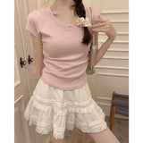 2026 Summer Light Blue Folds To The Waist Shoulder Short-Sleeved Women's T-Shirt Small Flying Sleeve V Collar Collar Collar Collar Collar Collar Sexy Top