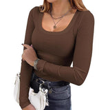 2025 Women's Women's New Ribs Cotton Fabric Base Round Neck Solid Long-Sleeved T-Shirt