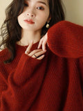 Red Bright Silk Knitted Women's 2025 Autumn And Winter New European Goods High-End Thickened Lazy Bottom Sweater Retro Top
