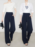 Tibetan Blue Suit Pants High Wisdom Big Lady Wind TR Thick Twill Broad Leg Pants Cover Meat Thin Season Can Be Trousers Women