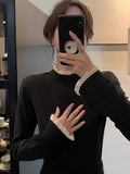 Australian Velvet Splicing Lace Lace Half-High Collar Bottom T-Shirt T-Shirt Women's Autumn And Winter Slimming Thin Warm Inside Cloth