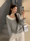 Korean New Design With A Sense Of Fashion Wood Ear Splicing Collar Collar Collar T-Shirt 2026 Early Autumn Long-Sleeved T-Shirt Women's Clothing
