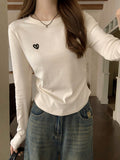 Embroidered Round Collar Shoulder Long-Sleeved T-Shirt Girl Autumn Folded Waist Repair Inside The Beautiful Bottom Shirt