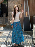 Blue Broken Flower Oil Painting With A Half-Dressed Woman 2026 Summer New Slimming Slime V-Neck Short-Sleeved T-Shirt Two-Set