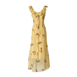 French Beautiful Yellow Lotus Edge V-Neck Crumbs Hanging Dress Women's Summer Super Good-Looking Dopamine Waist Dress