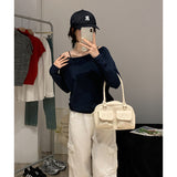 Tibetan Blue Babes Sexy Oblique Shoulder Long-Sleeved T-Shirt Girl With Shoulder Early Autumn Lazy Wind Loose Thin Shoulder