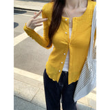 Sweet Babes Yellow Round-Neck Knitted Cardigan Women's Early Autumn Thin Wooden Ear Design Temperamental Coat Beautiful Top