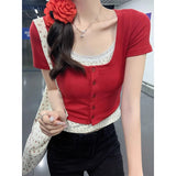Light Blue Large Round Collar Collar Collar Collar Collar Front Shoulder Half-Sleeved Knitted Cardigan Slime T-Shirt Short-Sleeved Top Summer
