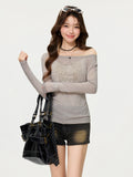 Gray Word Collar Shoulder Long-Sleeved Printed T-Shirt 2026 Early Spring New Set-Up Shirt Repair Body