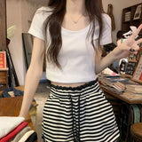 Solid Color Round Collar Front Shoulder T-Shirt Girls Summer Cotton Elastic Display Thin Babes Cover Short Sleeve Top