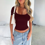 Dili 2025 Spring/Summer Y2K Solid Color U-Neck Sexy Body-Cuffed Short-Sleeved Women's T-Shirt